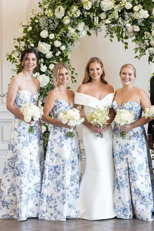 Delicate Strapless Sweetheart Neck Blue Floral Print A-Line Long Bridesmaid Dress Side Slit AB041