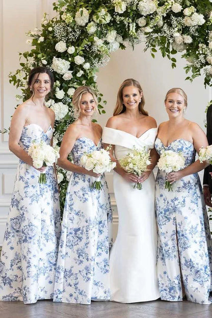 Delicate Strapless Sweetheart Neck Blue Floral Print A-Line Long Bridesmaid Dress Side Slit AB041