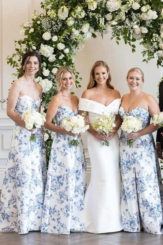 Delicate Strapless Sweetheart Neck Blue Floral Print A-Line Long Bridesmaid Dress Side Slit AB041
