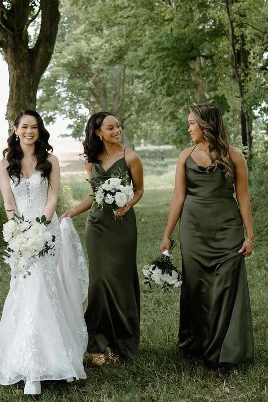 Muted Olive Spaghetti Straps Draped Cowl Neck Satin Long Mermaid Bridesmaid Dress AB042