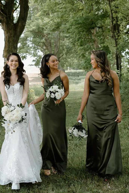 Muted Olive Spaghetti Straps Draped Cowl Neck Satin Long Mermaid Bridesmaid Dress AB042