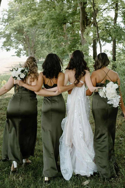 Muted Olive Spaghetti Straps Draped Cowl Neck Satin Long Mermaid Bridesmaid Dress AB042