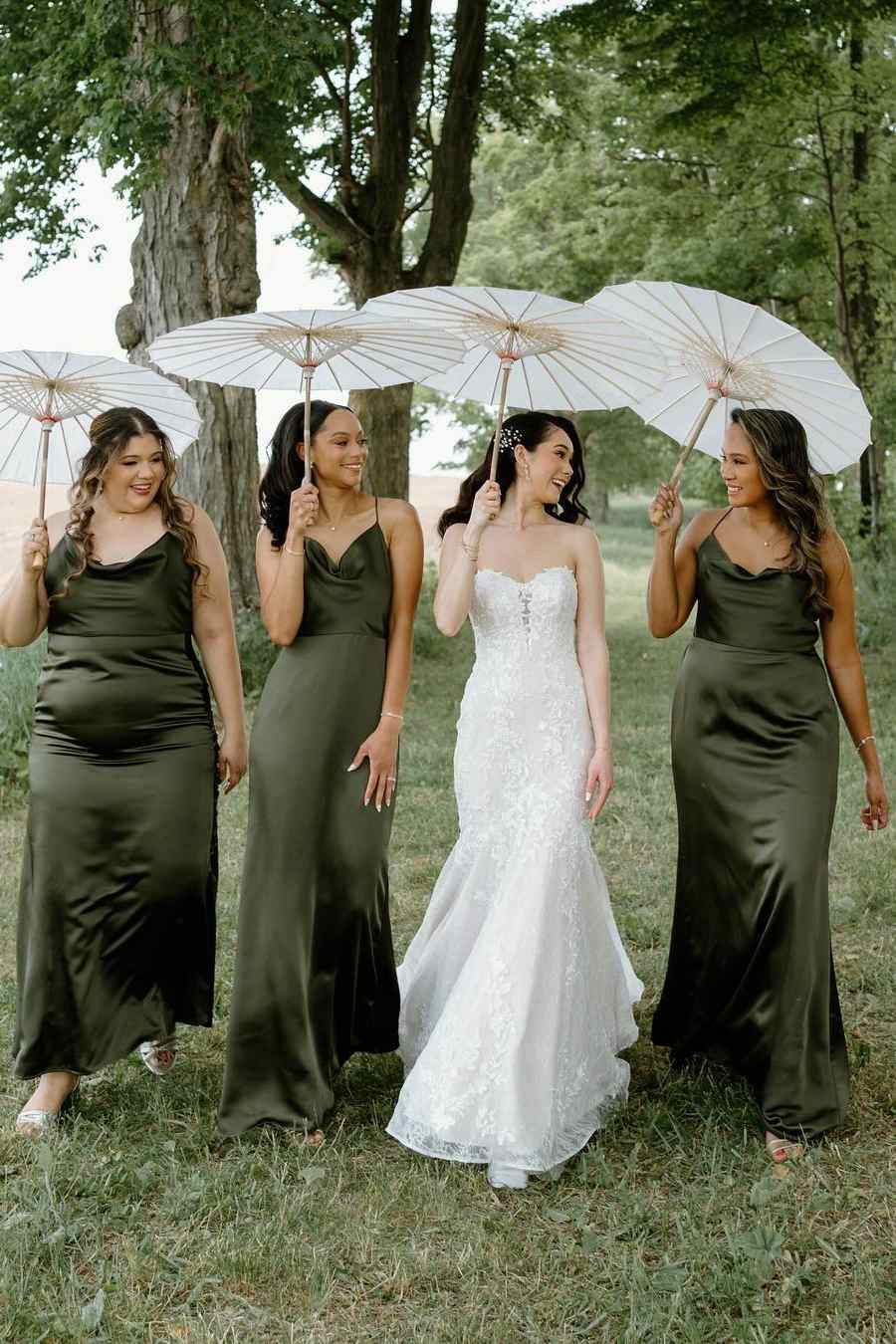 Muted Olive Spaghetti Straps Draped Cowl Neck Satin Long Mermaid Bridesmaid Dress AB042
