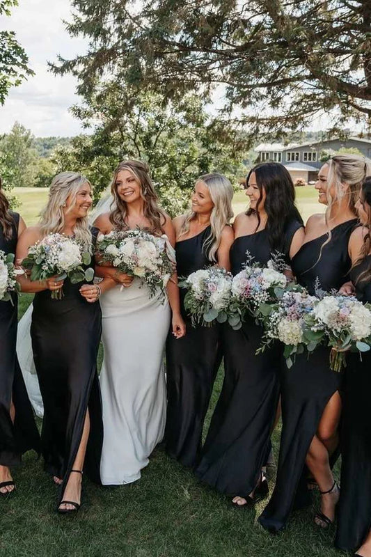 Sleek Black One Shoulder Satin Mermaid Long Bridesmaid Dress Side Slit AB043