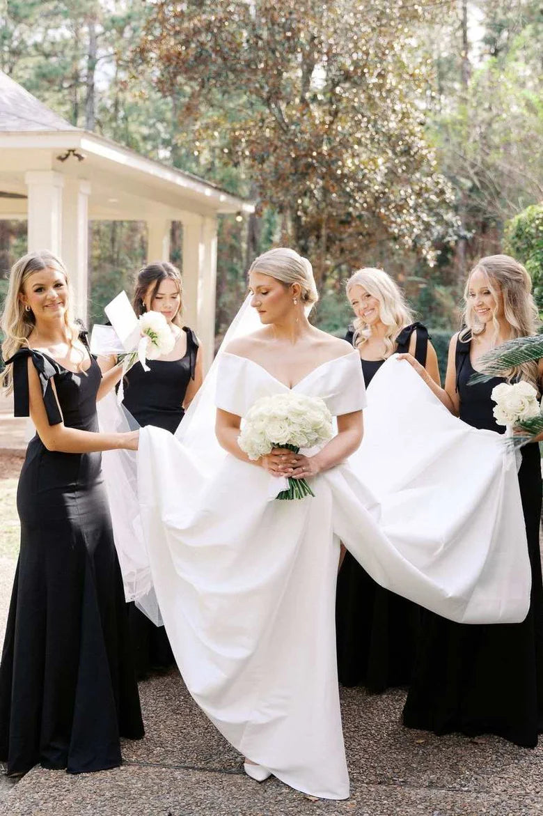 Classic Black Wide Bow Shoulder Satin Mermaid Long Bridesmaid Dress AB044