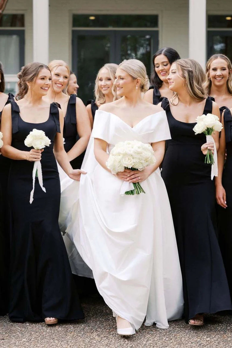 Classic Black Wide Bow Shoulder Satin Mermaid Long Bridesmaid Dress AB044