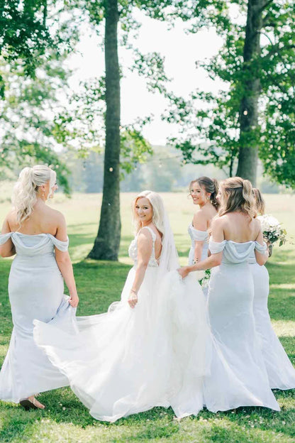Airy Light Blue Off The Shoulder Draped Ruched Chiffon Mermaid Long Bridesmaid Dress High Side Slit AB045