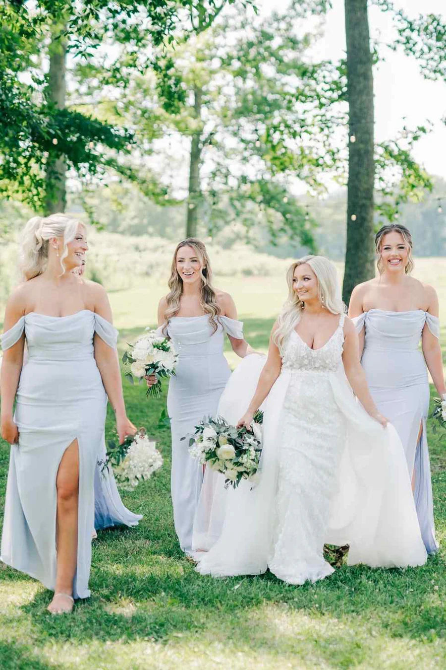 Airy Light Blue Off The Shoulder Draped Ruched Chiffon Mermaid Long Bridesmaid Dress High Side Slit AB045