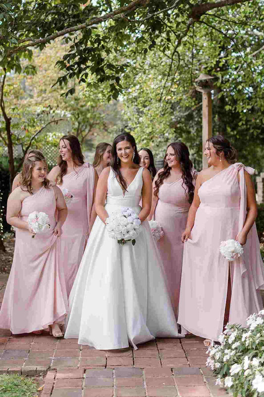 Sleek Light Pink One Shoulder Draped Sash Chiffon A-Line Long Bridesmaid Dress High Side Slit AB046