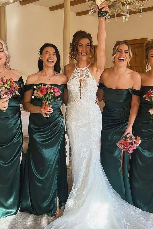 Rich Emerald Off The Shoulder Pleated Satin Mermaid Long Bridesmaid Dress High Side Slit AB047