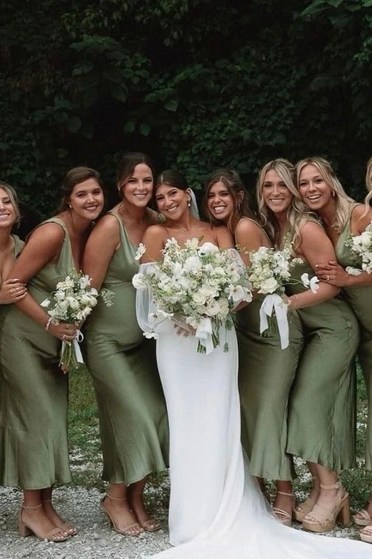 Soft Sage Straps Deep V Satin Ankle Length Mermaid Bridesmaid Dress AB048