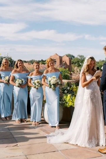 Fresh Sky Blue Off The Shoulder Bow Satin Mermaid Long Bridesmaid Dress Side Slit AB049