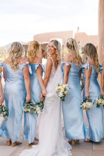 Fresh Sky Blue Off The Shoulder Bow Satin Mermaid Long Bridesmaid Dress Side Slit AB049