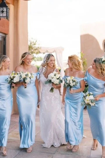 Fresh Sky Blue Off The Shoulder Bow Satin Mermaid Long Bridesmaid Dress Side Slit AB049