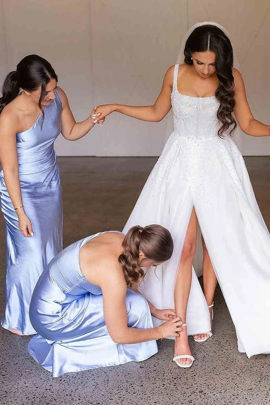 Fresh Sky Blue One Shoulder Satin Mermaid Long Bridesmaid Dress High Side Slit AB050