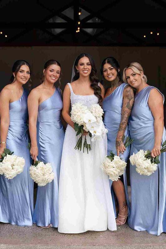 Fresh Sky Blue One Shoulder Satin Mermaid Long Bridesmaid Dress High Side Slit AB050