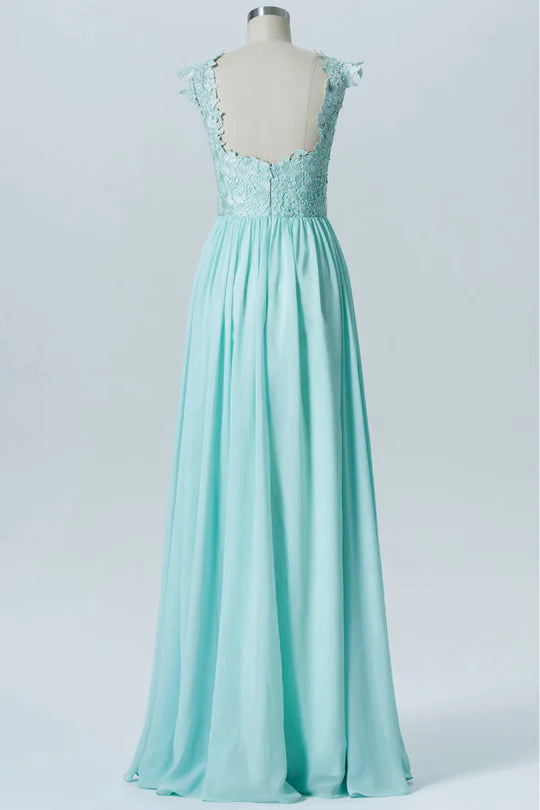 Fresh Mint Green Wide Straps Lace Appliques Backless Chiffon A-Line Long Bridesmaid Dress AB051