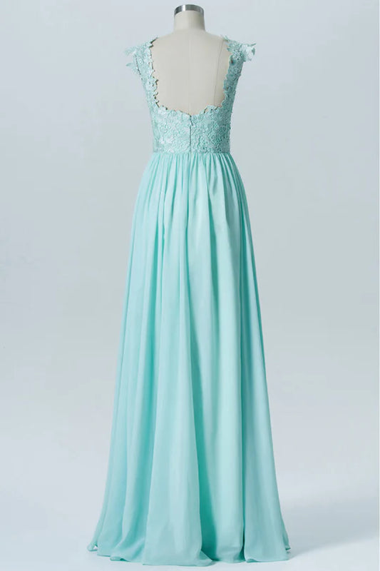 Fresh Mint Green Wide Straps Lace Appliques Backless Chiffon A-Line Long Bridesmaid Dress AB051