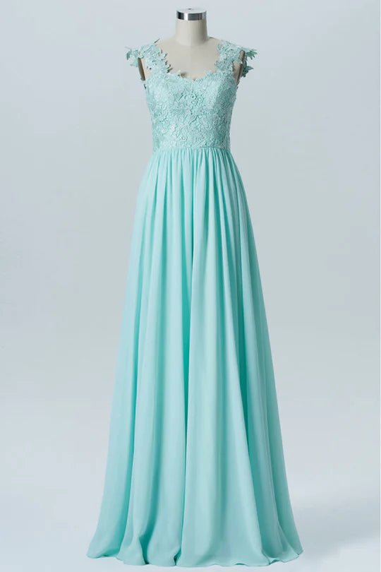 Fresh Mint Green Wide Straps Lace Appliques Backless Chiffon A-Line Long Bridesmaid Dress AB051