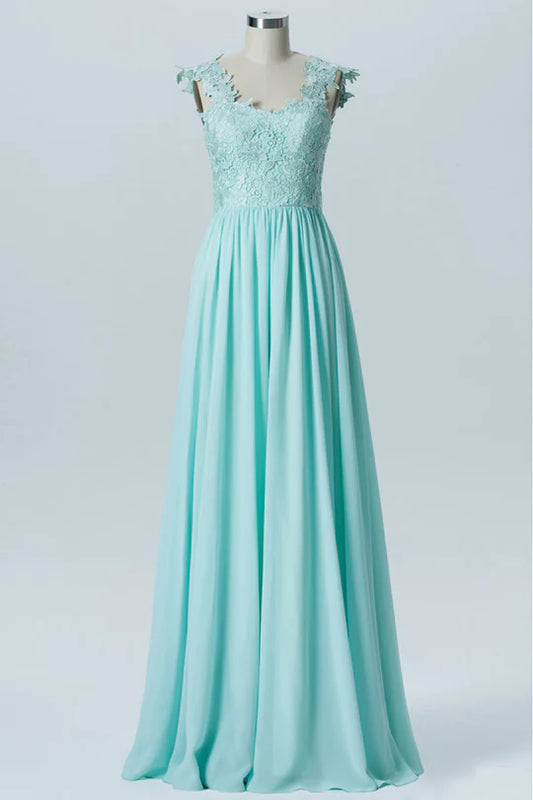 Fresh Mint Green Wide Straps Lace Appliques Backless Chiffon A-Line Long Bridesmaid Dress AB051