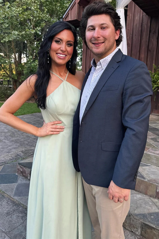 Fresh Sage Green Halter Chiffon Sheath Bridesmaid Dress High Side Slit AB053