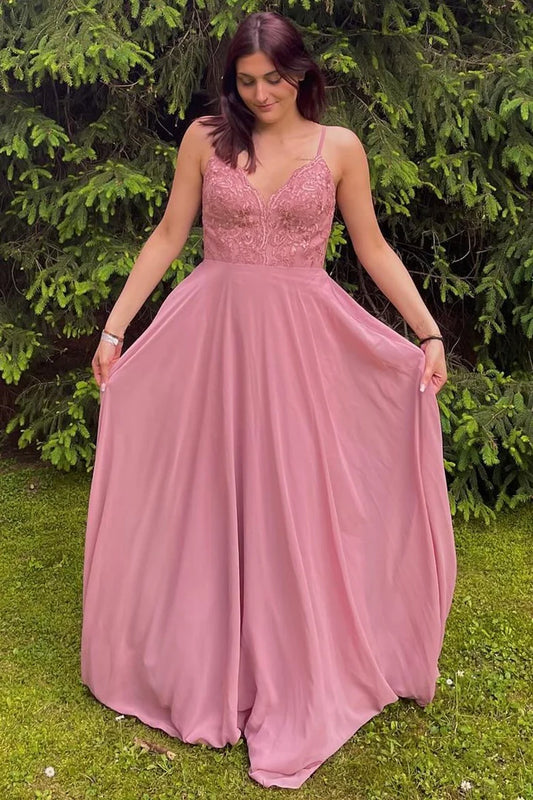 Romantic Dusty Pink Spaghetti Straps Lace V Bodice Flowy A-Line Chiffon Long Bridesmaid Dress AB054