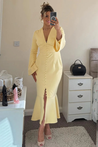 Soft Yellow Deep V Neck Bell Long Sleeve Ruched Waist Button Front High Slit Mermaid Midi Bridesmaid Dress Wedding Guest Dress AB057