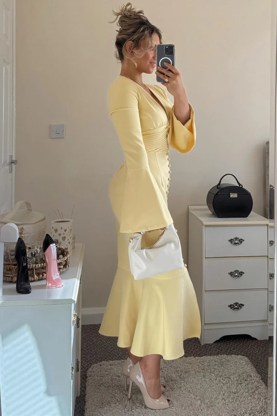 Soft Yellow Deep V Neck Bell Long Sleeve Ruched Waist Button Front High Slit Mermaid Midi Bridesmaid Dress Wedding Guest Dress AB057