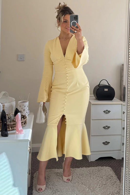 Soft Yellow Deep V Neck Bell Long Sleeve Ruched Waist Button Front High Slit Mermaid Midi Bridesmaid Dress Wedding Guest Dress AB057