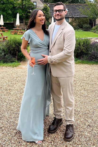 Elegant Dusty Blue Ruffle Cap Sleeve V Neck Waist Draped Sash High Slit Chiffon Sheath Long Bridesmaid Dress AB059