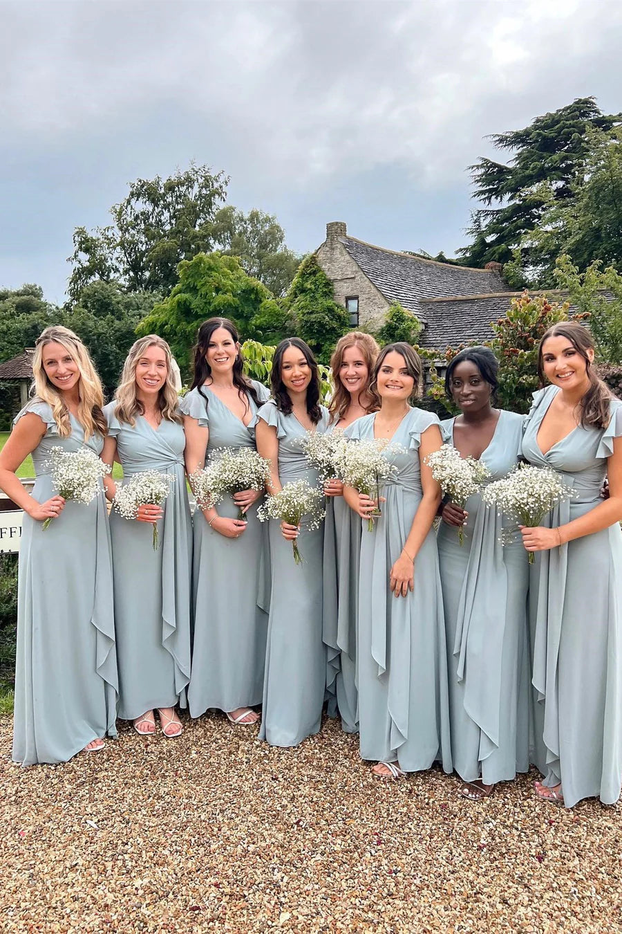 Elegant Dusty Blue Ruffle Cap Sleeve V Neck Waist Draped Sash High Slit Chiffon Sheath Long Bridesmaid Dress AB059