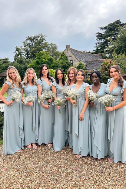 Elegant Dusty Blue Ruffle Cap Sleeve V Neck Waist Draped Sash High Slit Chiffon Sheath Long Bridesmaid Dress AB059
