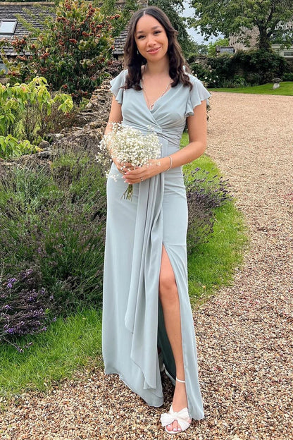Elegant Dusty Blue Ruffle Cap Sleeve V Neck Waist Draped Sash High Slit Chiffon Sheath Long Bridesmaid Dress AB059