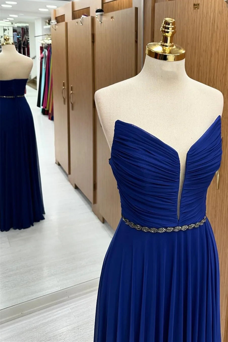 Rich Royal Blue Strapless Chiffon A Line Long Wedding Guest Dress With Beaded Sash Bridesmaid Dress AB060