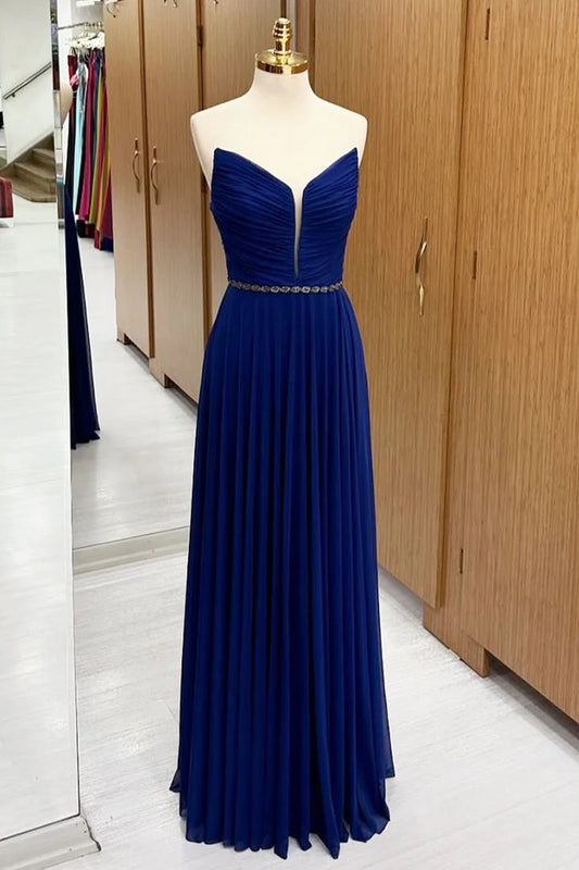 Rich Royal Blue Strapless Chiffon A Line Long Wedding Guest Dress With Beaded Sash Bridesmaid Dress AB060