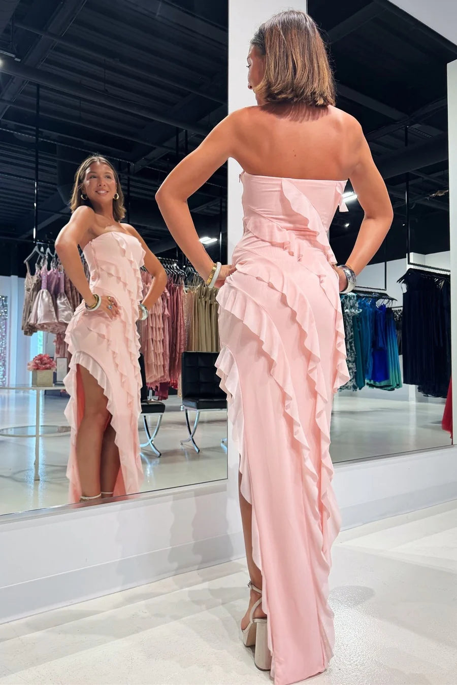 Ethereal Blush Pink Strapless Ruffle High Slit Chiffon Mermaid Long Bridesmaid Dress AB061