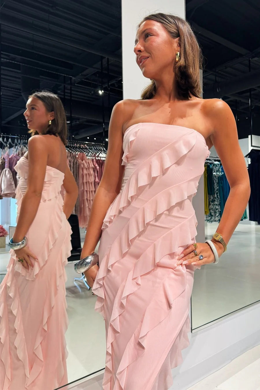 Ethereal Blush Pink Strapless Ruffle High Slit Chiffon Mermaid Long Bridesmaid Dress AB061