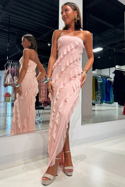 Ethereal Blush Pink Strapless Ruffle High Slit Chiffon Mermaid Long Bridesmaid Dress AB061