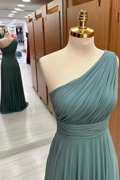 Elegant Dusty Sage One-Shoulder A-Line Pleated Chiffon Bridesmaid Dress AB062