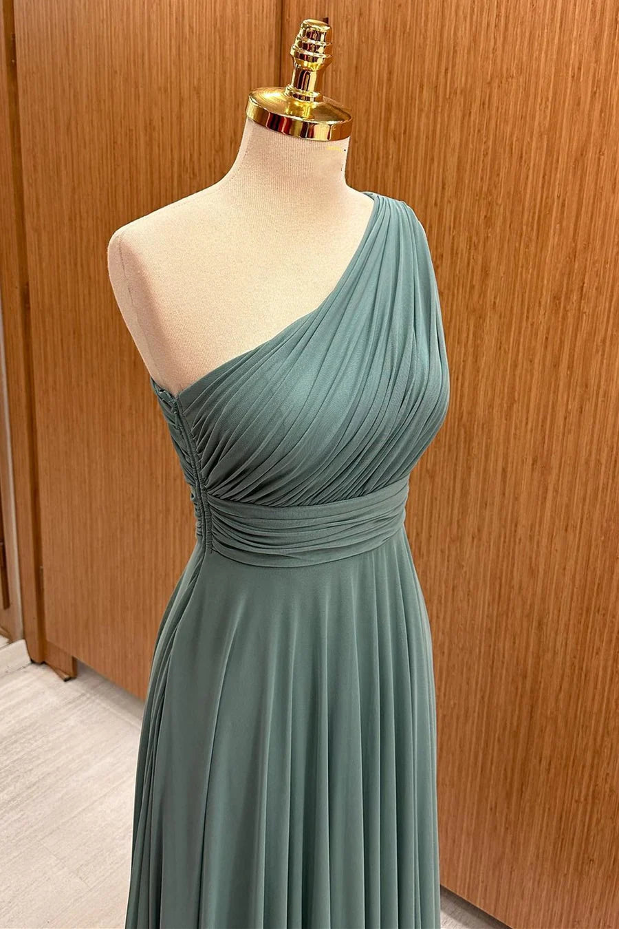Elegant Dusty Sage One-Shoulder A-Line Pleated Chiffon Bridesmaid Dress AB062