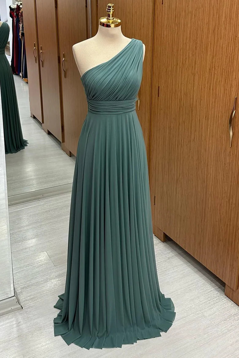Elegant Dusty Sage One-Shoulder A-Line Pleated Chiffon Bridesmaid Dress AB062