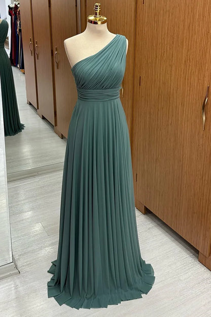 Elegant Dusty Sage One-Shoulder A-Line Pleated Chiffon Bridesmaid Dress AB062