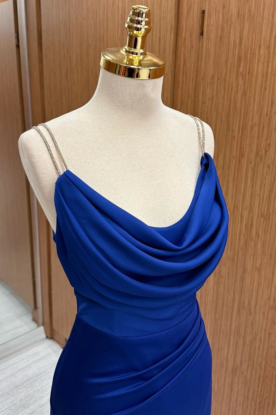 Rich Royal Blue Beaded Spaghetti Straps Cowl Neck Side Draped Ruched High Slit Satin Mermaid Long Bridesmaid Dress AB063