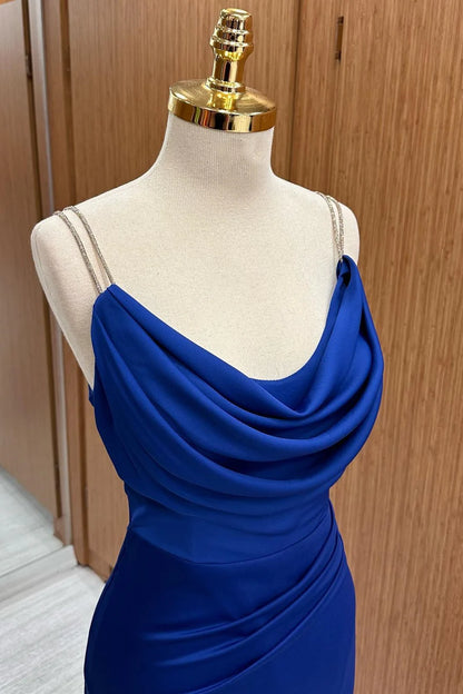 Rich Royal Blue Beaded Spaghetti Straps Cowl Neck Side Draped Ruched High Slit Satin Mermaid Long Bridesmaid Dress AB063