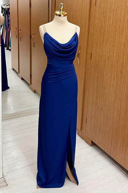 Rich Royal Blue Beaded Spaghetti Straps Cowl Neck Side Draped Ruched High Slit Satin Mermaid Long Bridesmaid Dress AB063