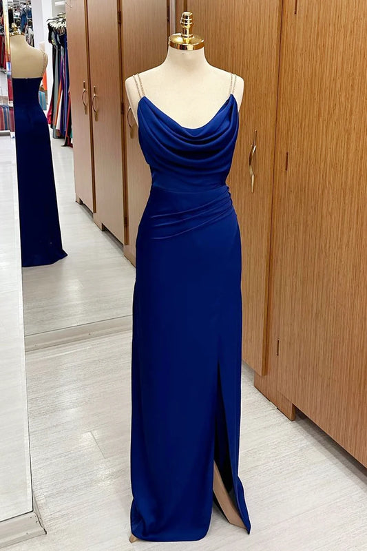Rich Royal Blue Beaded Spaghetti Straps Cowl Neck Side Draped Ruched High Slit Satin Mermaid Long Bridesmaid Dress AB063