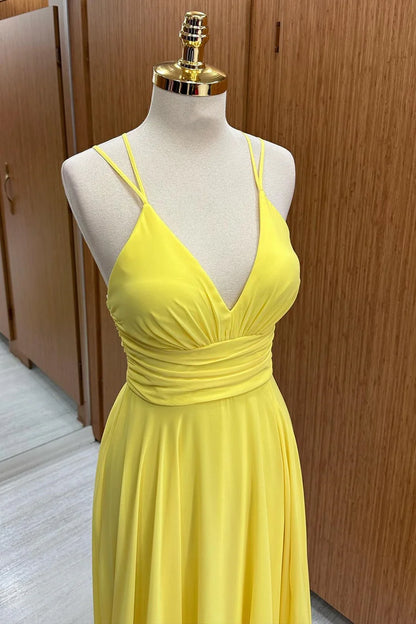 Vibrant Yellow Double Spaghetti Straps V Neck Cross Back Chiffon A-Line Long Bridesmaid Dress AB064