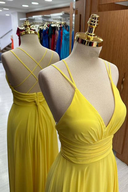 Vibrant Yellow Double Spaghetti Straps V Neck Cross Back Chiffon A-Line Long Bridesmaid Dress AB064