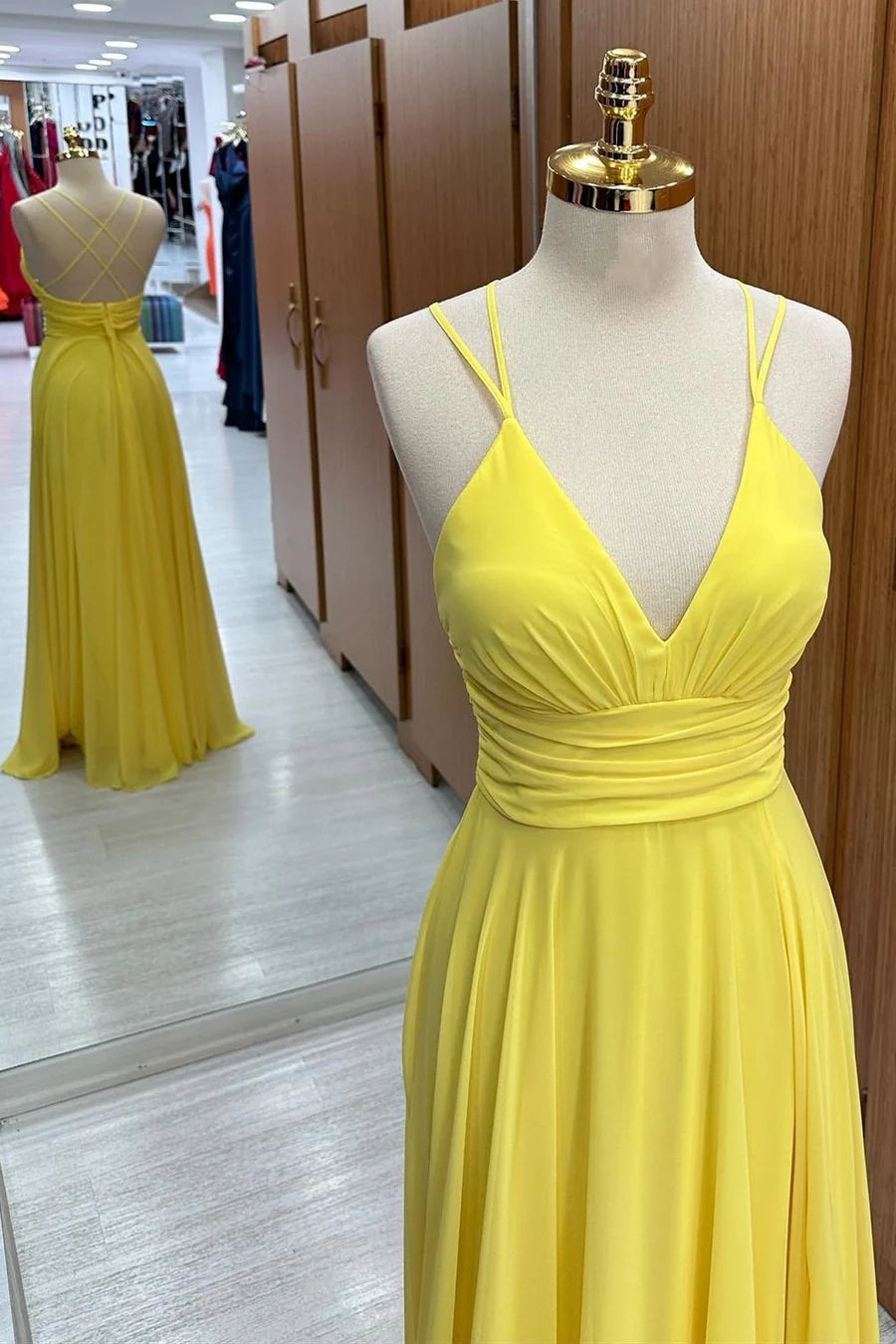 Vibrant Yellow Double Spaghetti Straps V Neck Cross Back Chiffon A-Line Long Bridesmaid Dress AB064