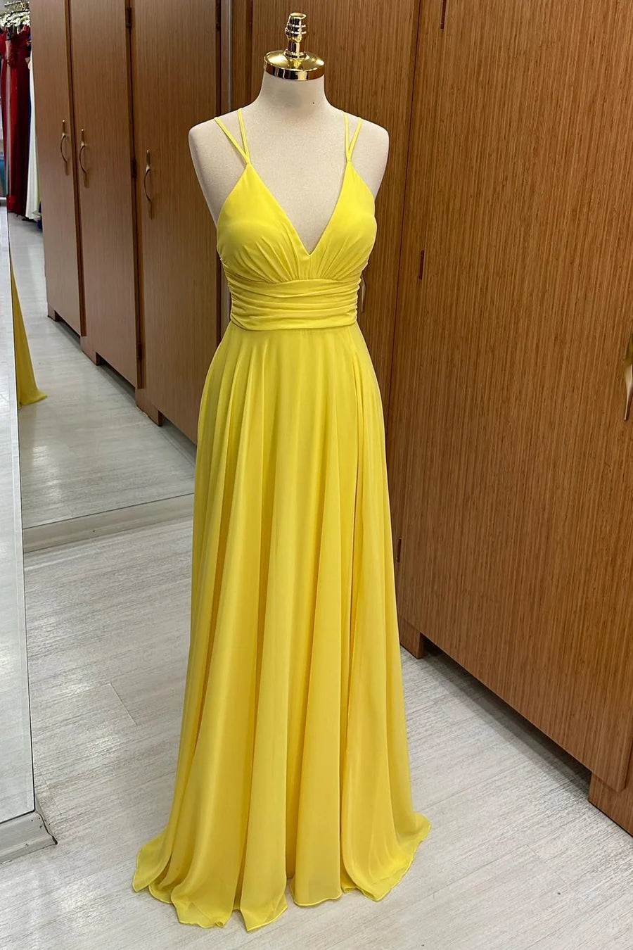 Vibrant Yellow Double Spaghetti Straps V Neck Cross Back Chiffon A-Line Long Bridesmaid Dress AB064